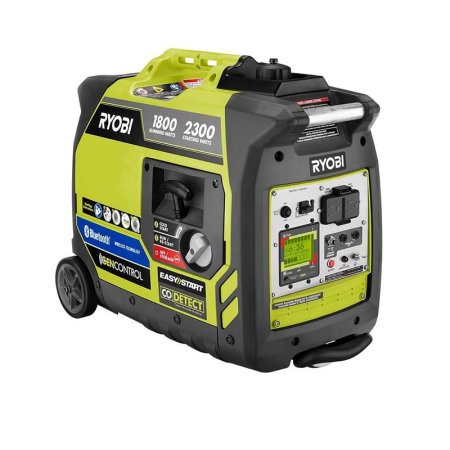  Yellow and gray Ryobi 2300-Watt Bluetooth Inverter Generator on white background