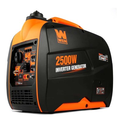 Black and orange Wen DF250i Super Quiet 2500-Watt Dual-Fuel Generator on white background