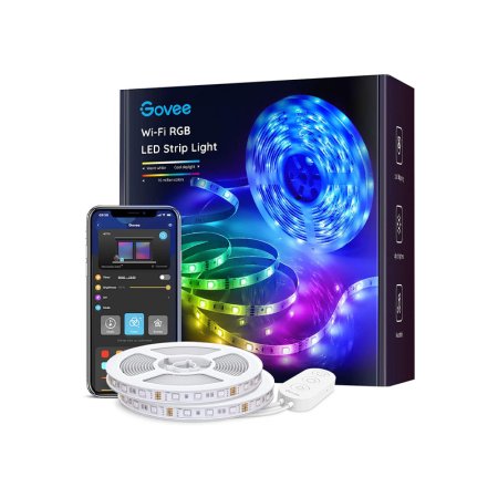  The Govee RGB 32.8-Foot LED Strip Lights, its box, and a phone showing the Govee app.