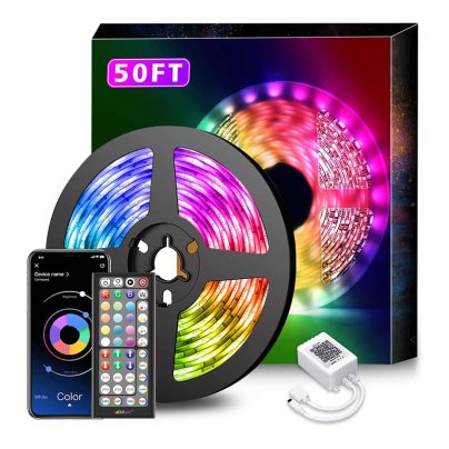 The Nexillumi RGB 50-Foot LED Strip Lights, box, plug, remote, and a phone showing the Nexillumi app.