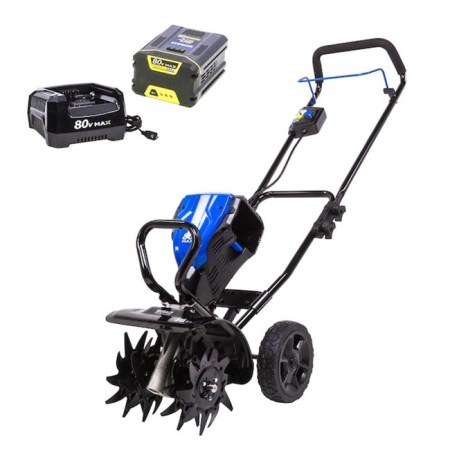  The Kobalt 80V Lithium-Ion Cordless Electric Cultivator, battery, and charger on a white background.