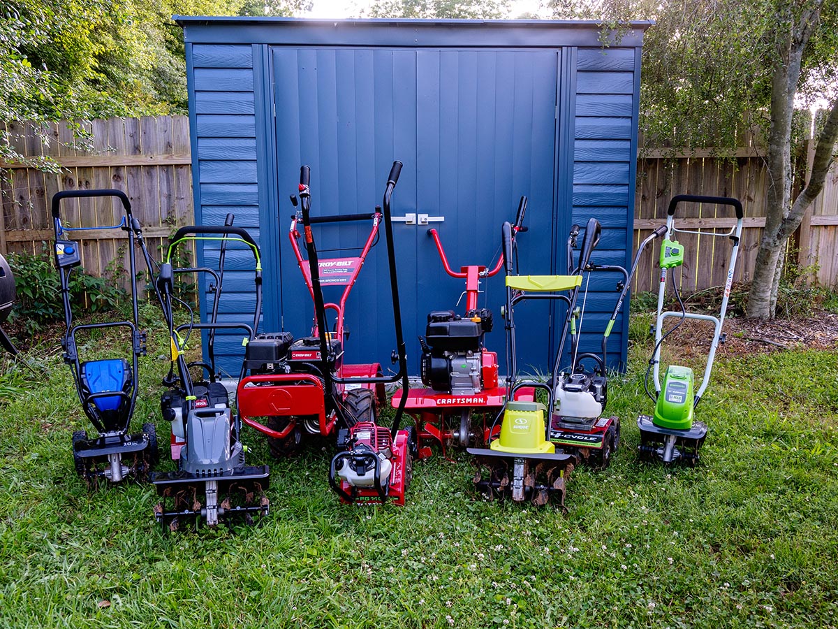 A group of the best rototillers on a lawn before testing.