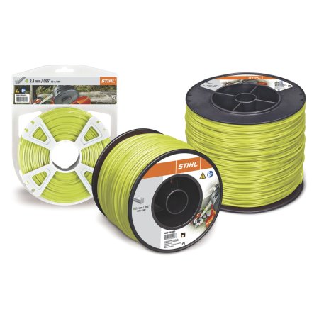  Three spools of Yellow Stihl X-Line String Trimmer Line on white background