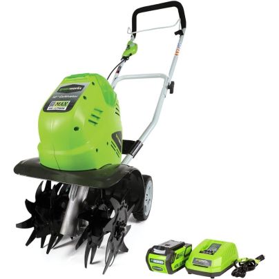 The Greenworks 10" 40V Cordless Cultivator With Battery on a white background.