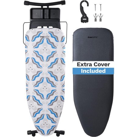  The Ironmatik Space Maker Premium Ironing Board, an extra cover, and a hook and included screw set on a white background.