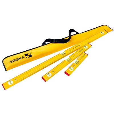 3 yellow Stabila Pro Set 80 AS Spirit Levels With Case on white background