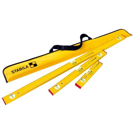  3 yellow Stabila Pro Set 80 AS Spirit Levels With Case on white background