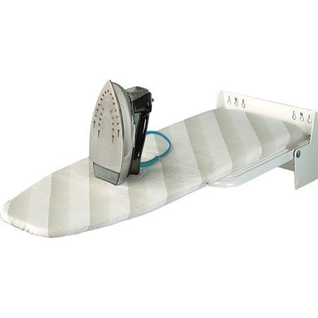  The Hafele Wall-Mounted Ironing Board with an iron on it on a white background.