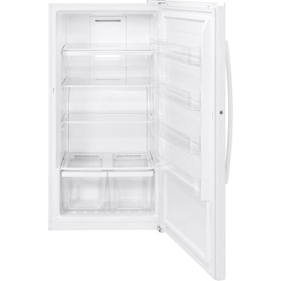 The GE 17.3 cu. ft. Frost-Free Upright Freezer with its door open on a white background.