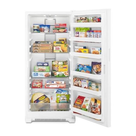  The Whirlpool 18 cu. ft. Upright Freezer with its door open to show it full of packaged frozen food.