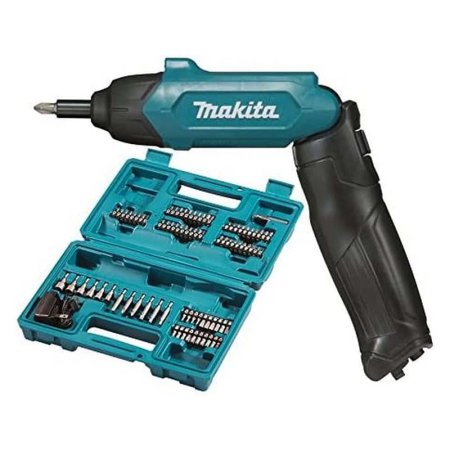  The Makita 3.6V Electric Screwdriver With Li-Ion Battery and its accessories on a white background.