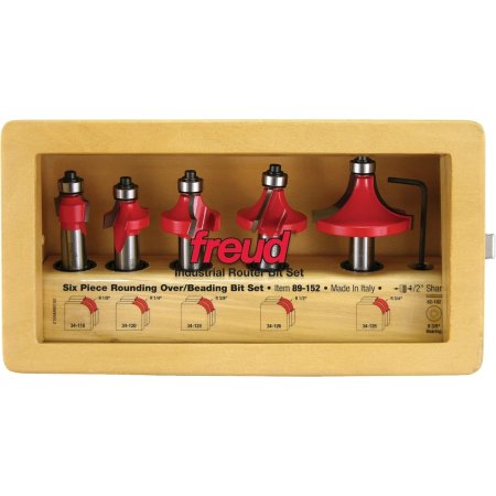  Freud 89-152 5-Piece Round Over Router Bit Set in wood case on white background