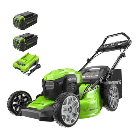  The Greenworks 40V 21" Self-Propelled Lawn Mower, batteries, and charger on a white background.
