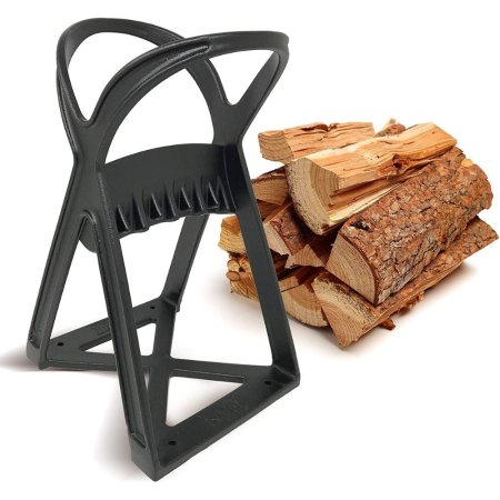  The Kabin Kindle Quick Kindling Log Splitter and a stack of split logs on a white background.