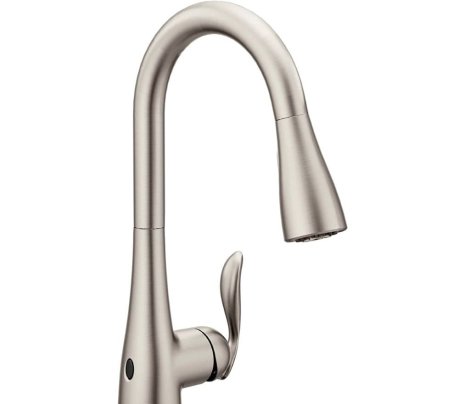 The Moen Arbor Motionsense Wave One-Handle Kitchen Faucet on a white background.