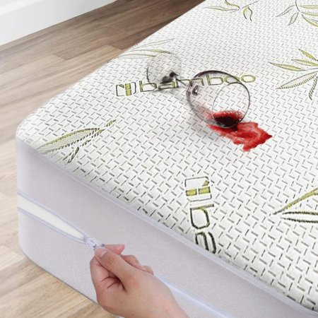  Dreamfield Linen Store Bamboo Mattress Protector on a mattress on a wood floor