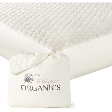  Whisper Organics Cotton Mattress Protector on a mattress on a white background