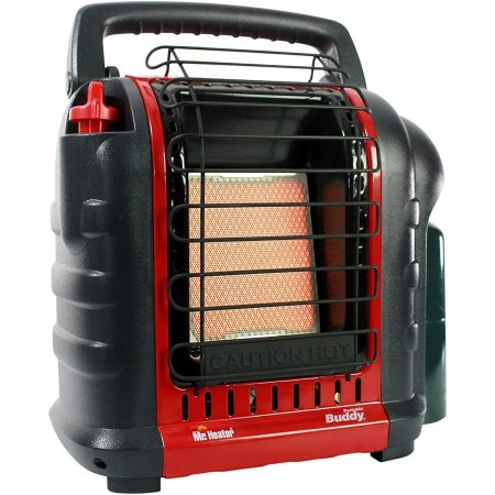  Red and black portable propane heater on white background