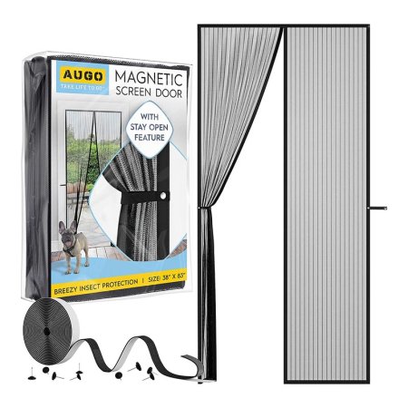  The Augo Magnetic Screen Door in its package next to an image of it installed and partially open.