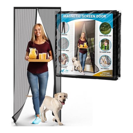  The Flux Phenom Magnetic Screen Door on a white background next to an image with a woman and a dog walking through the door after installation.