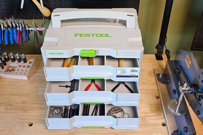 The Festool SYS 4 Sortainer Tool Chest stocked with tools on a workbench during testing.