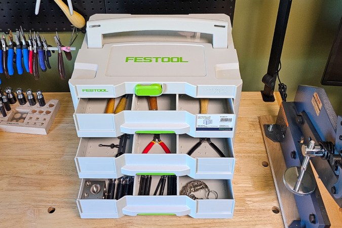 The Festool SYS 4 Sortainer Tool Chest stocked with tools on a workbench during testing.