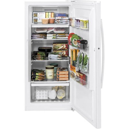  The GE 14.1 cu. ft. Frost-Free Upright Freezer with its door open to show it full of packaged frozen food.