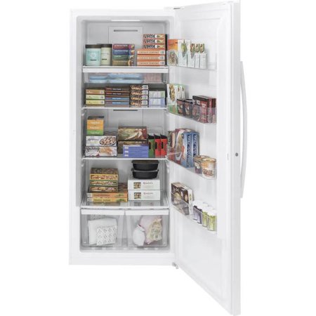  The GE 21.3 cu. ft. Frost-Free Upright Freezer with its door open to show it full of packaged frozen food.