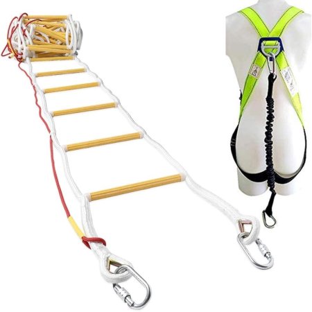  The Isop 32-Foot Rope Ladder Fire Escape on a white background next to a mannequin torso wearing a safety harness.