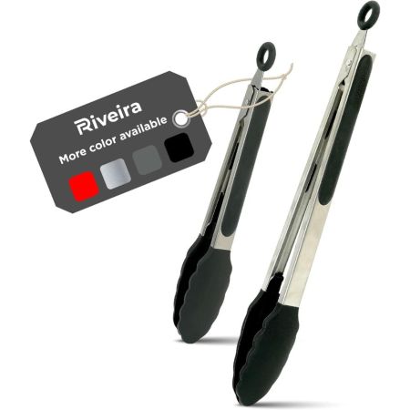  The Riveira Tongs for Cooking With Silicone Tips on a white background.