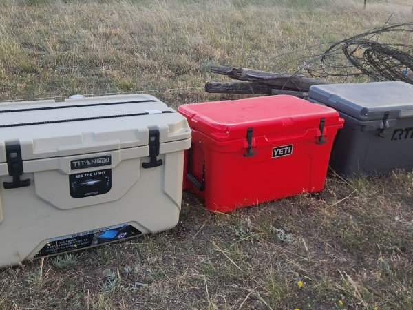 Three of the Best Coolers sitting on grass in a field