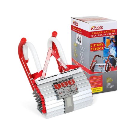  The Kidde 13-Foot 2-Story Fire Escape Ladder and its box on a white background.