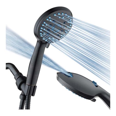  The AquaCare High-Pressure Hand Shower & Tile Power Wash on a white background while emitting a powerful spray from both heads.