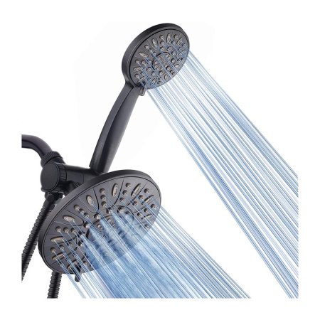  The AquaDance 3-Way Rainfall Combo Shower Head on a white background while emitting a powerful spray from both heads.