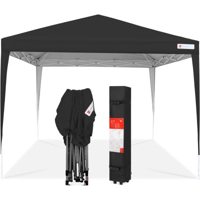 Two Best Choice Products Portable Pop-Up Canopy Tents, folded and unfolded