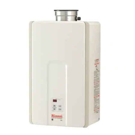  The Rinnai High Efficiency Natural Gas Tankless Water Heater on a white background.