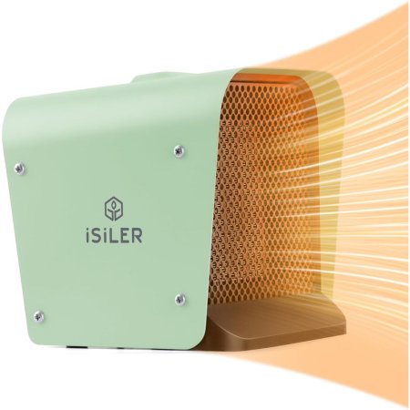  The Isiler 1,500-Watt Ceramic Fan Space Heater on a white background with an orange shape projecting from it to show heat.