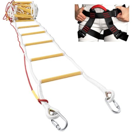  The Isop 32-Foot 3- to 4-Story Evacuation Rope Ladder on a white background next to the pelvic area of a person wearing a safety harness.