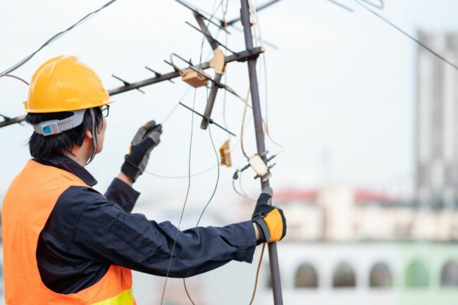 A person adjusting an outdoor TV antenna