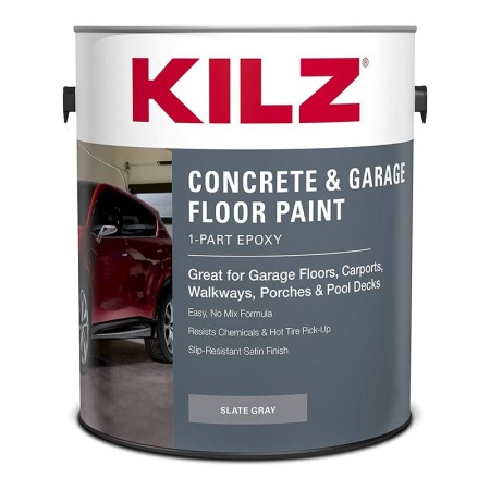  A can of Kilz 1-Part Epoxy Concrete & Garage Floor Paint on a white background.