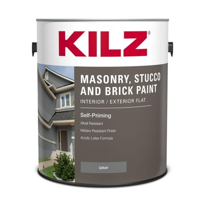 A can of Kilz Interior/Exterior Masonry, Stucco, & Brick Paint on a white background.