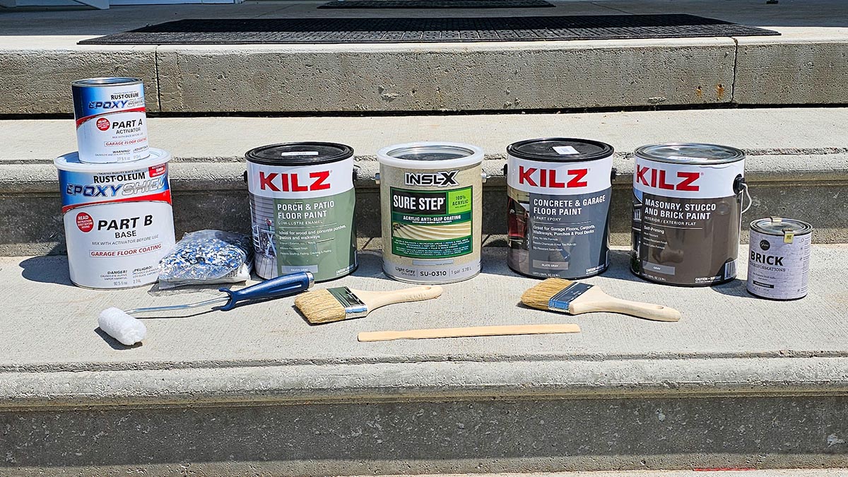 A group of the best concrete paints on concrete steps before testing.