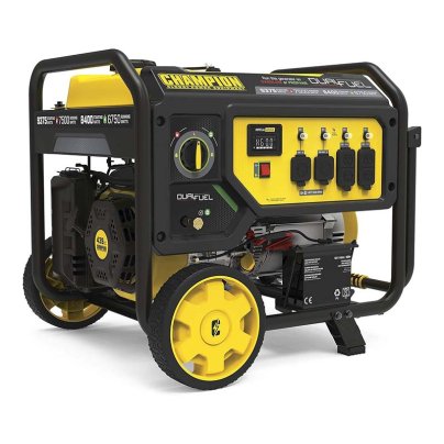 Black and yellow Champion 7500-Watt Dual-Fuel Generator on white background