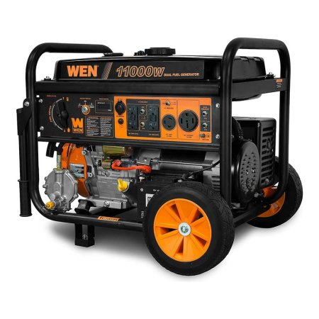  Black and orange Wen DF11000T Dual-Fuel Electric Start Generator with wheels on white background