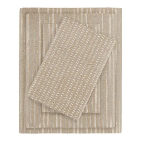  The Beautyrest 100% Cotton Oversize Flannel Sheet Set with a tan striped pattern folded and stacked on a white background.