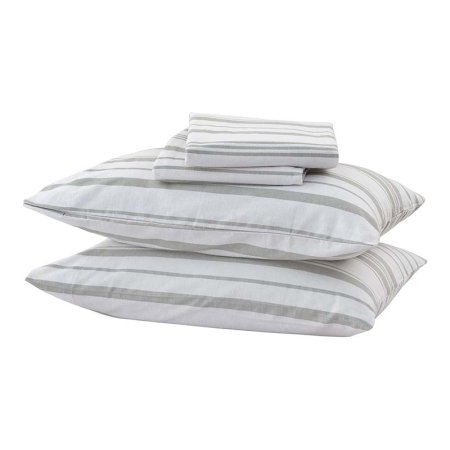  A grey and white striped set of the Great Bay Home 4-Piece Turkish Cotton Flannel Sheets folded and stacked on a white background.