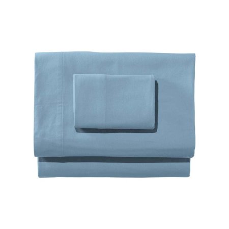  The L.L.Bean Ultrasoft Comfort Flannel Sheet Set in powder blue folded and stacked on a white background.