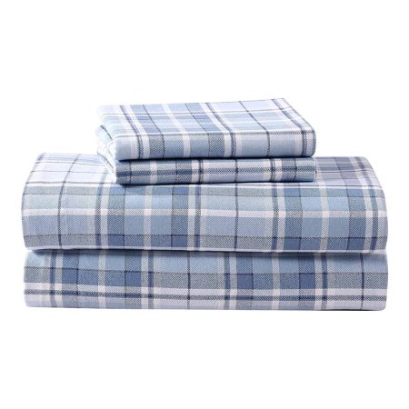  The Laura Ashley Flannel Sheet Set in a blue plaid pattern folded and stacked on a white background.