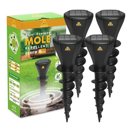  The Careland Solar-Powered Mole Repellent Screws on a white background with an image of the box as well.