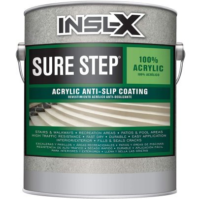 A can of INSL-X Sure Step Acrylic Anti-Slip Paint on a white background.